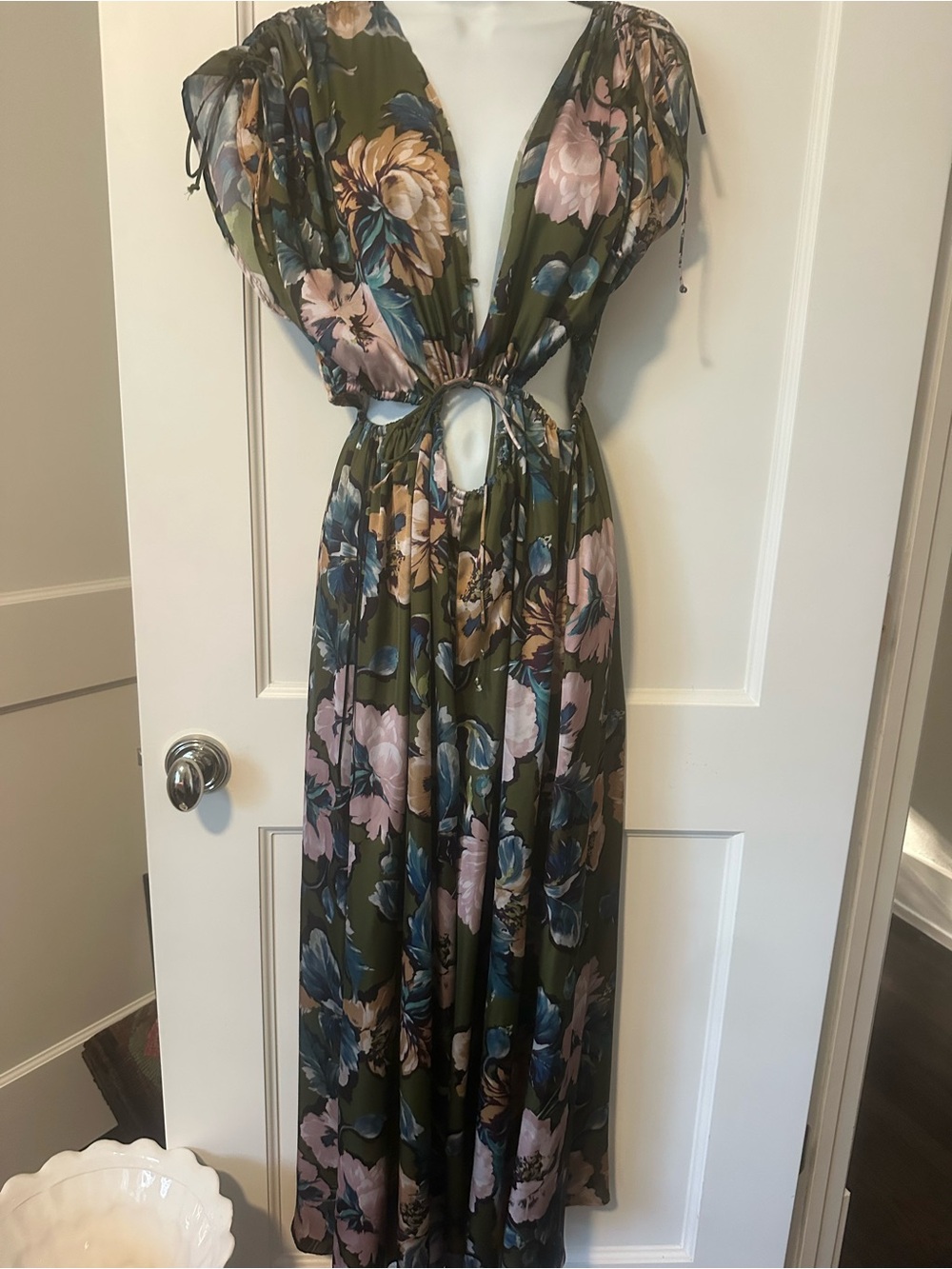 Zara Olive Cutout Floral Flared Jumpsuit with Pink and Blue Blooms